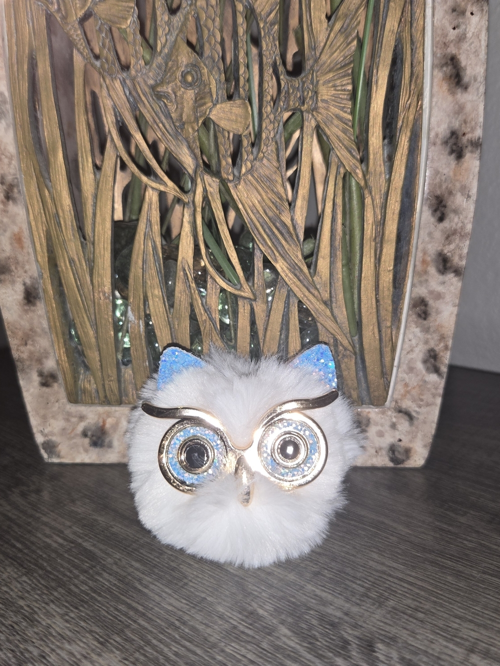 Decorative White Faux Fur Owl Keychain